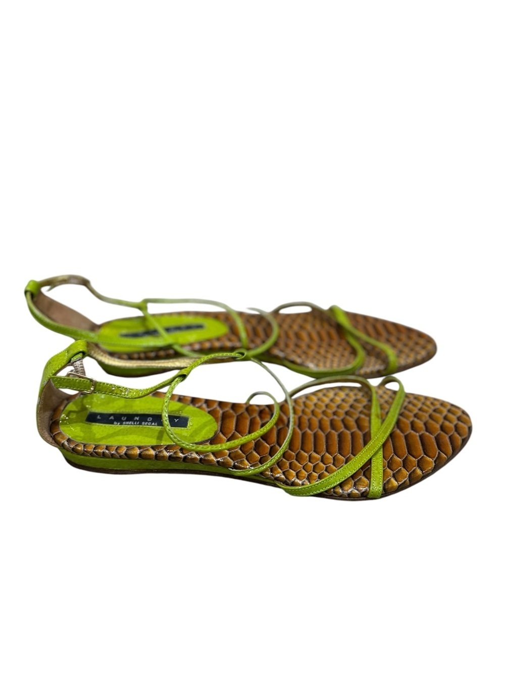 Laundry By Shelli Segal Lime Green Strappy low wedge Sandals snakeskin footbed 8